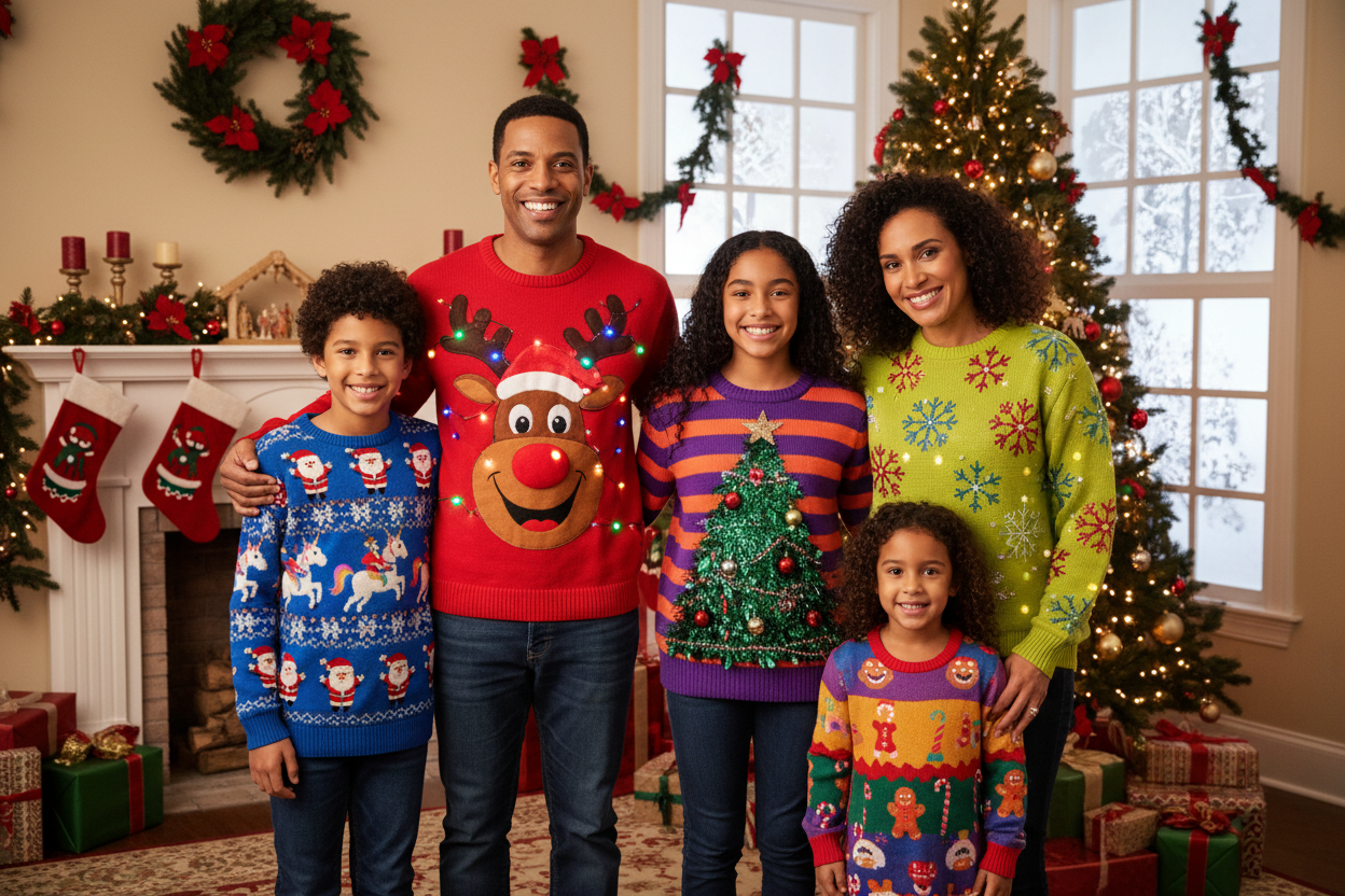 christmas ugly and sweater family wearing