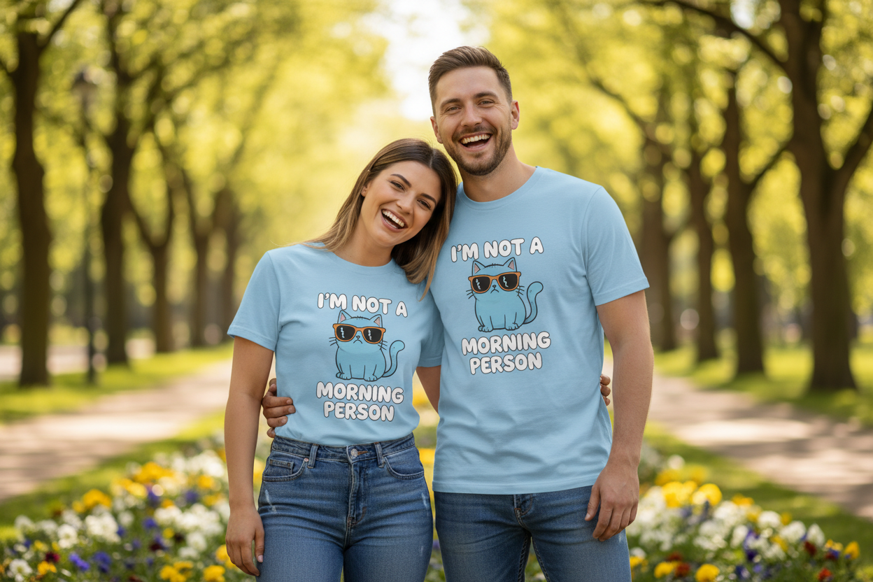 MAN AND WOMAN WEARING FUNNY TSHIRT COUPLE